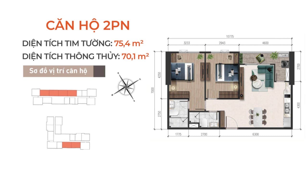 Thiết kế căn hộ 2 phòng ngủ tại dự án A&T Saigon Riverside