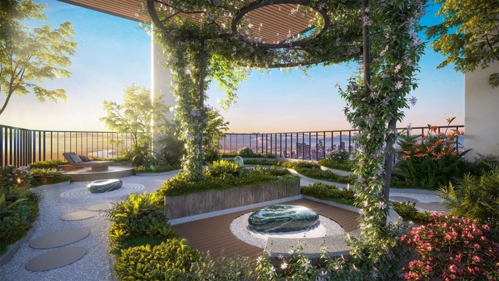 Công viên nội khu với đa dạng các loại cây cho bóng mát, thảm cỏ xanh giúp tái tạo năng lượng tại dự án A&T Saigon Riverside