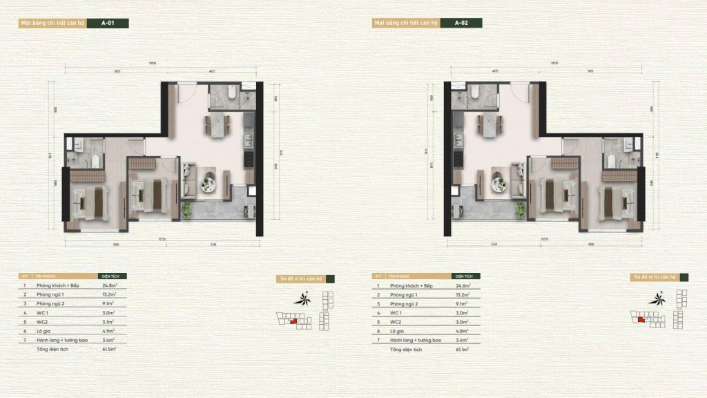 Layout thiết kế căn hộ A-01, A-02 