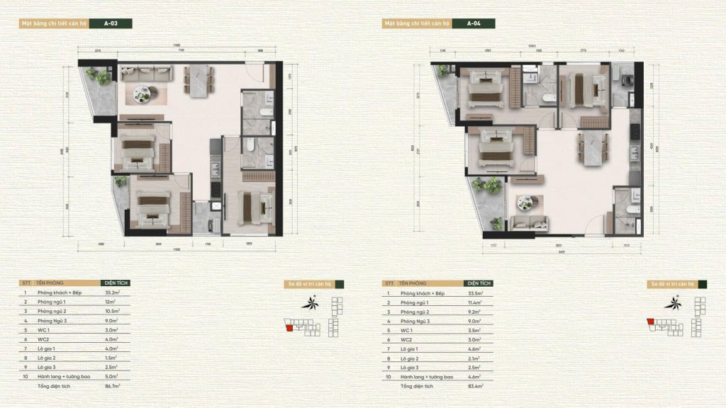Layout thiết kế căn hộ A-03, A-04