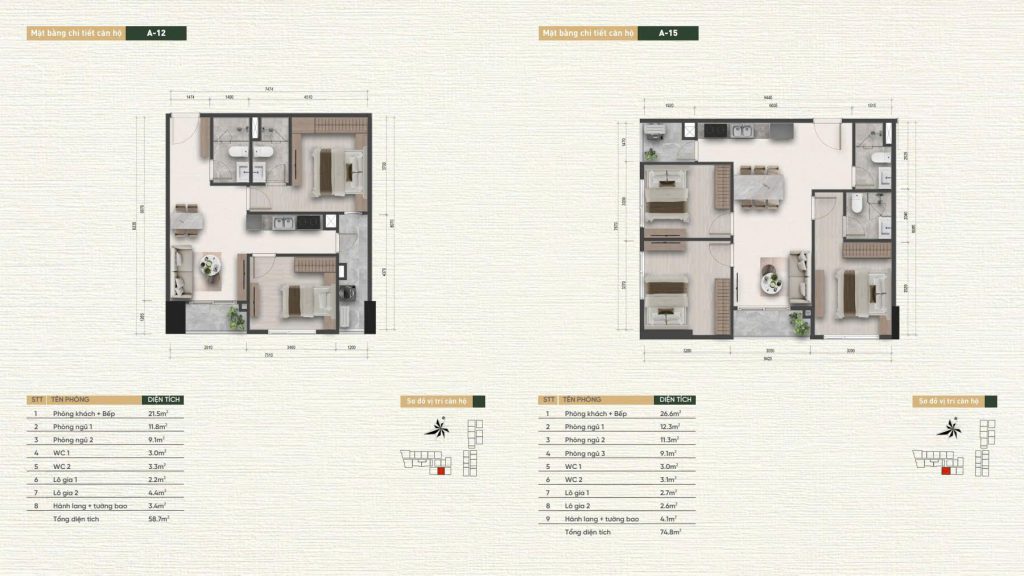 Layout thiết kế căn hộ A-12, A-15