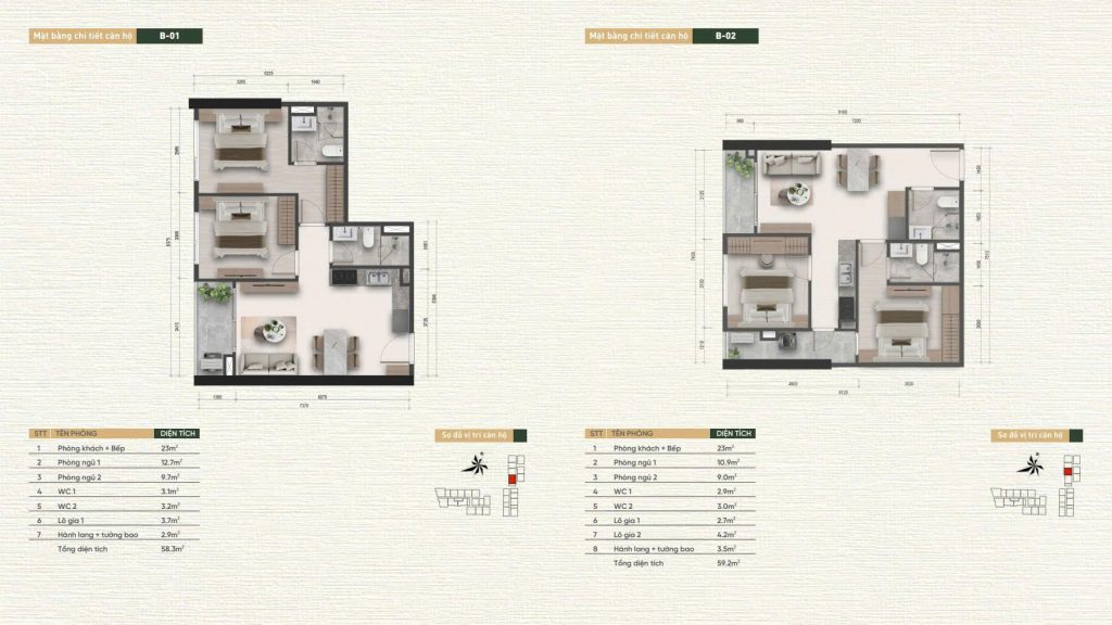 Layout thiết kế căn hộ B-01, B-02